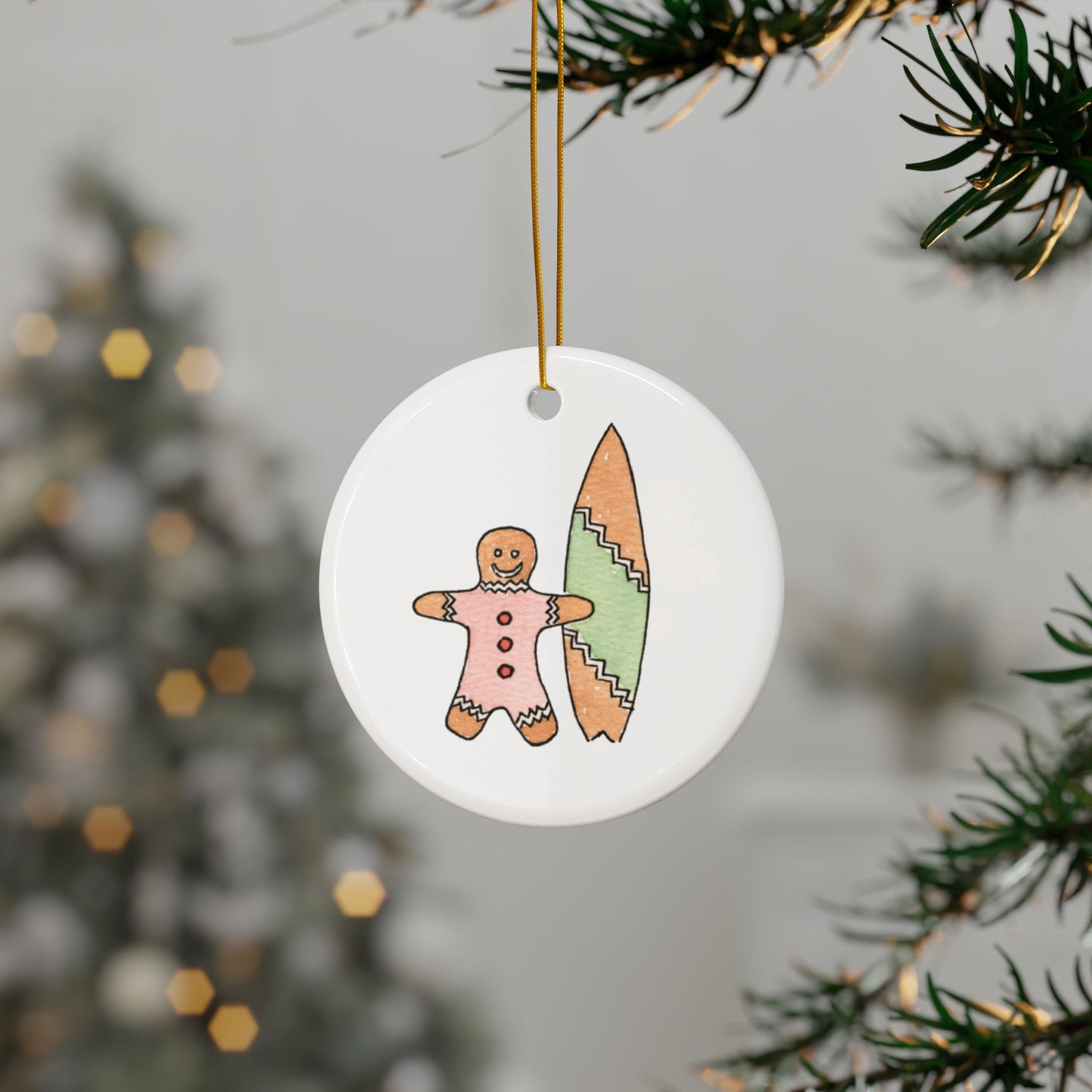 Gingerbread Surfer Ceramic Ornament