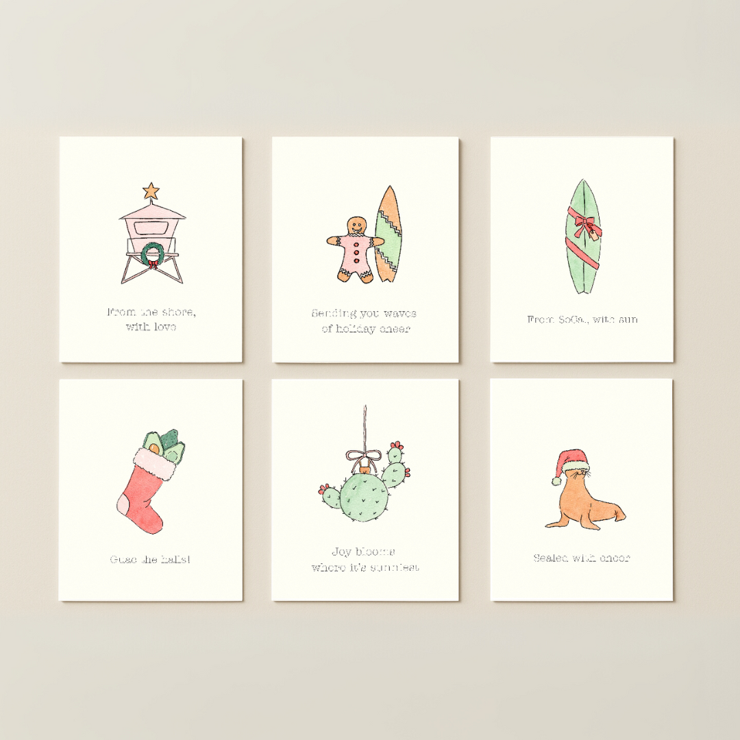 Set of six Christmas-themed cards on a beige background