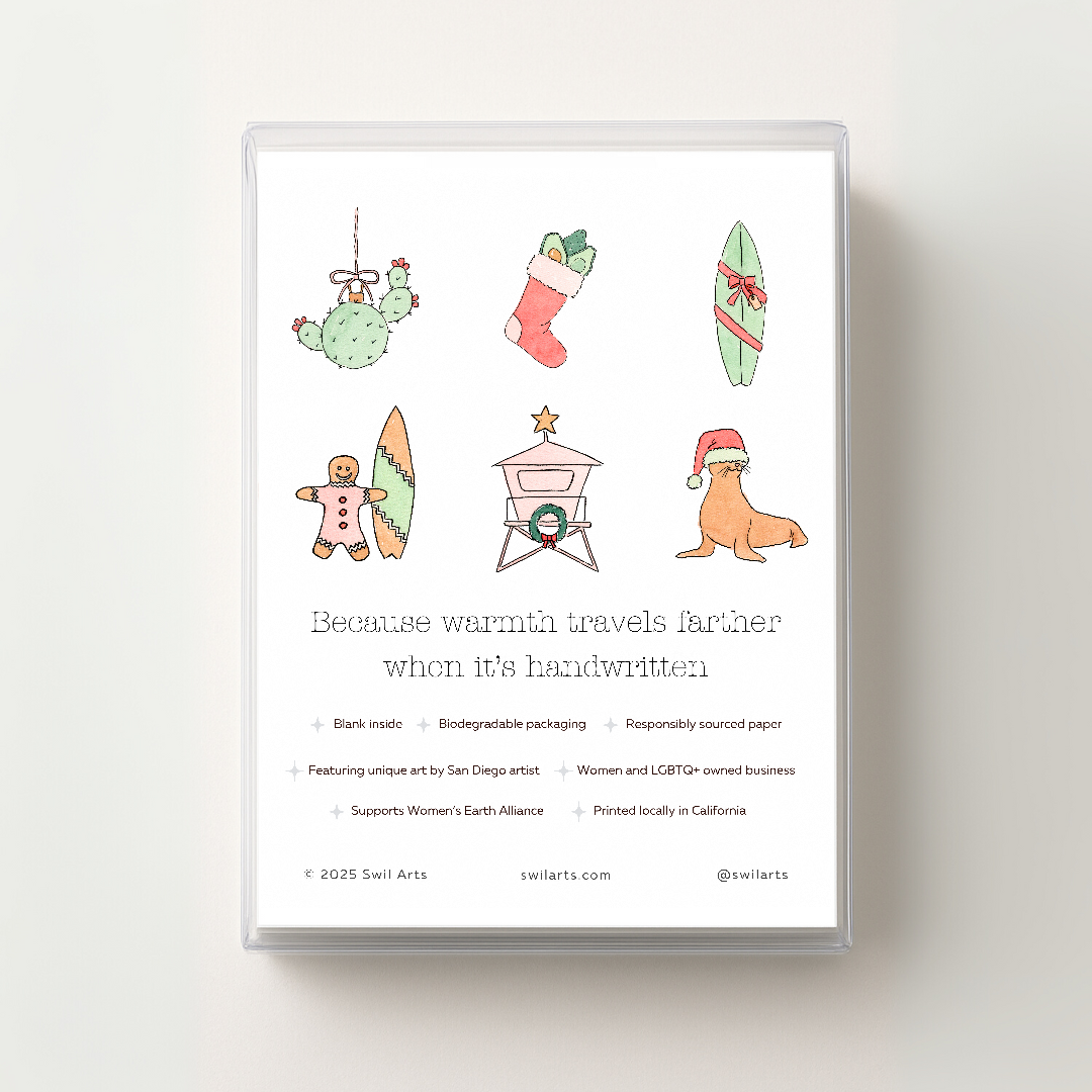 Product packaging with Southern California inspired Christmas illustrations and text that reads: Because warmth travels farther when it's handwritten" on a white background