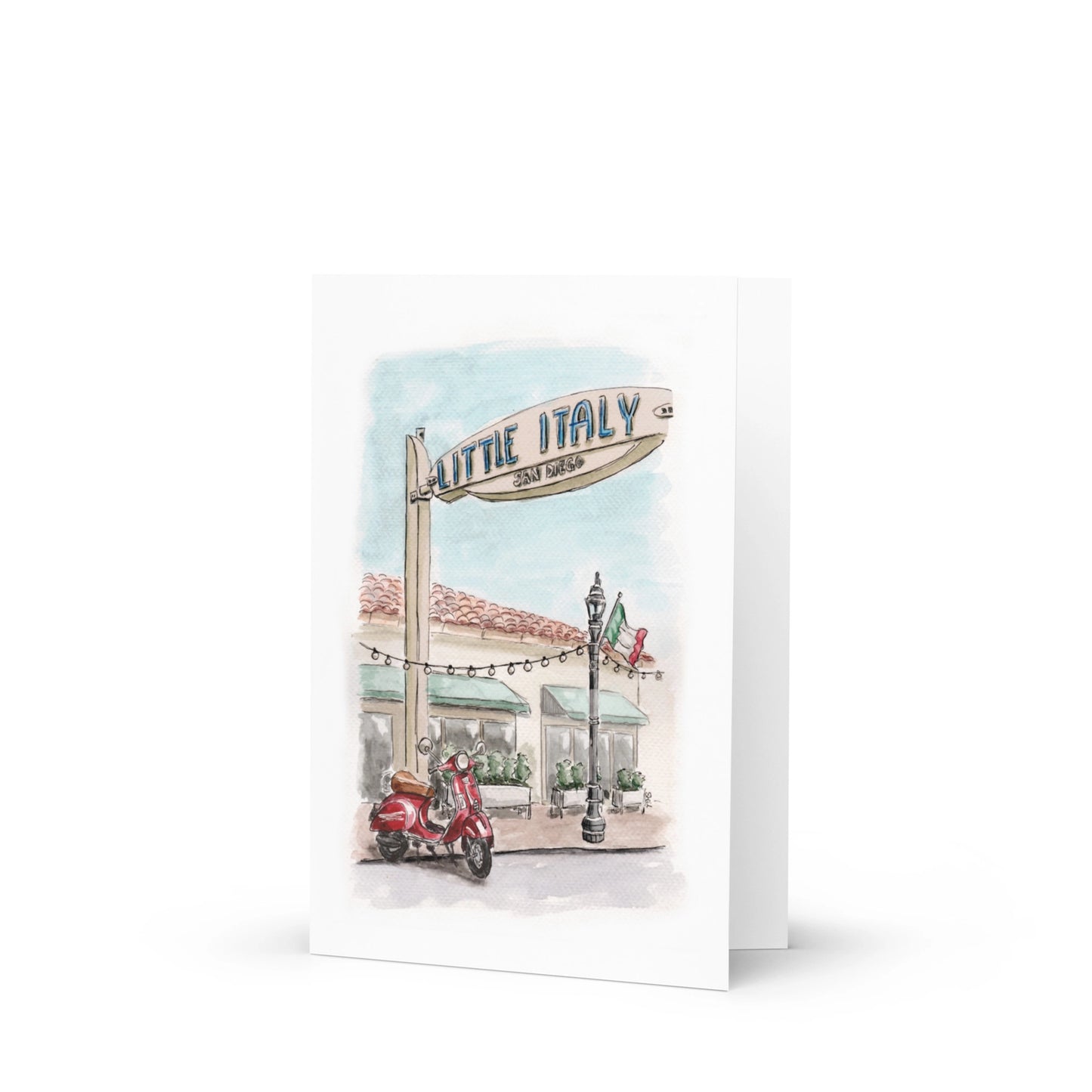The Southern California Greeting Card Box Set features watercolor art with a Little Italy San Diego street sign, red scooter, Italian flag, and café—ideal for anyone who loves coastal charm and vibrant holiday cards.