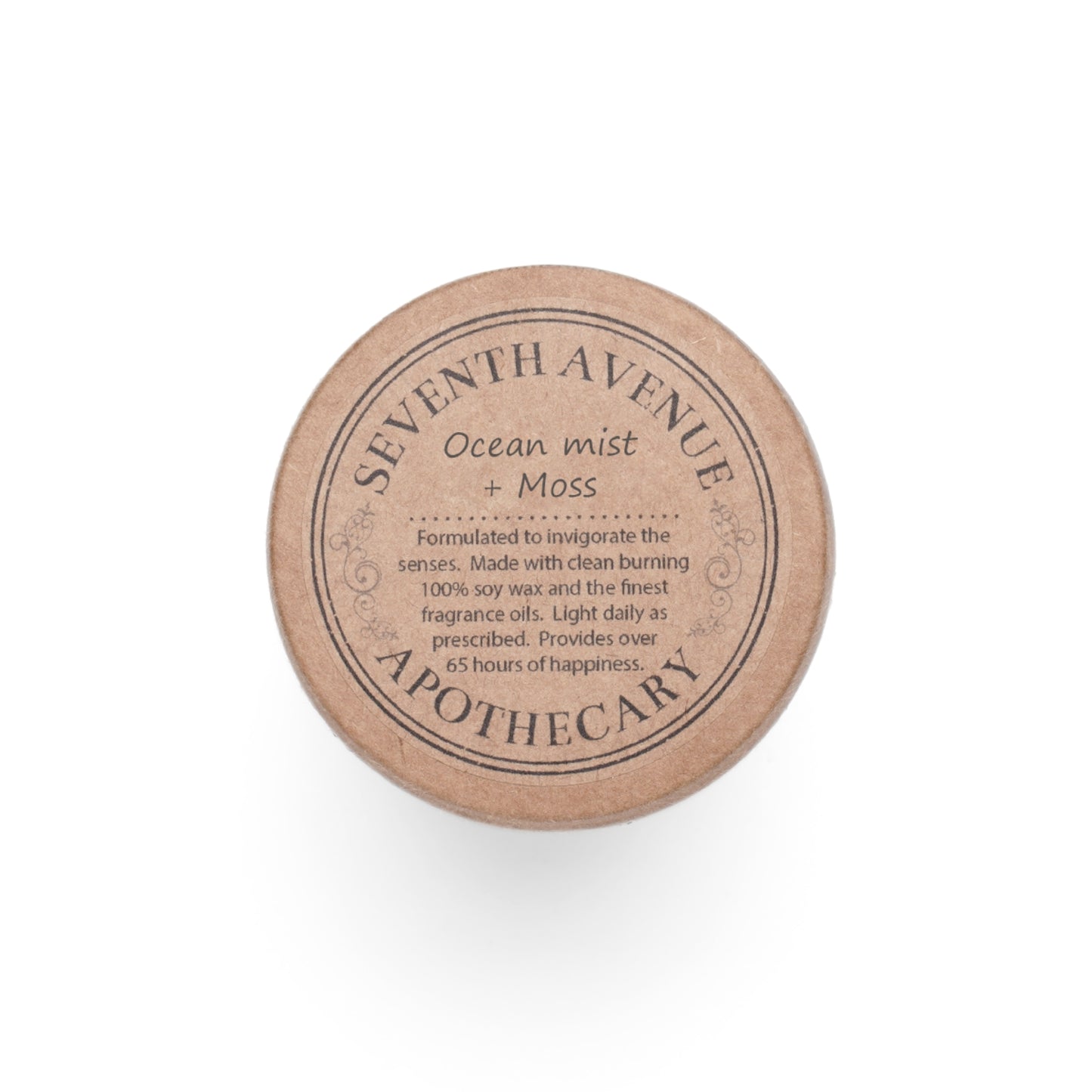 Seventh Avenue Apothecary Ocean mist + Moss candle lid, featuring rustic wooden design with engraved branding and scent description. Made with 100% soy wax and premium fragrance oils, offering over 65 hours of burn time.