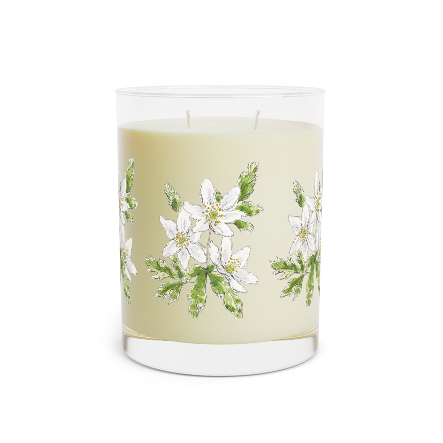 Swil Arts botanical candle featuring hand-illustrated watercolor of white wood anemones flowers on a glass jar. Eco-friendly soy wax with a clean burn, designed for art lovers and nature enthusiasts.