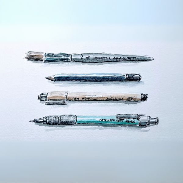 Hand-drawn watercolor and ink illustration of four art tools laid out horizontally on textured watercolor paper. The tools include a Princeton Aqua Elite paintbrush with a silver handle and soft bristles, a classic wooden graphite pencil with a dark blue body, a beige fine liner pen with a metal clip, and a turquoise Pentel mechanical pencil with a rubber grip. The sketch captures subtle details such as branding, shading, and texture, giving it a realistic yet artistic feel