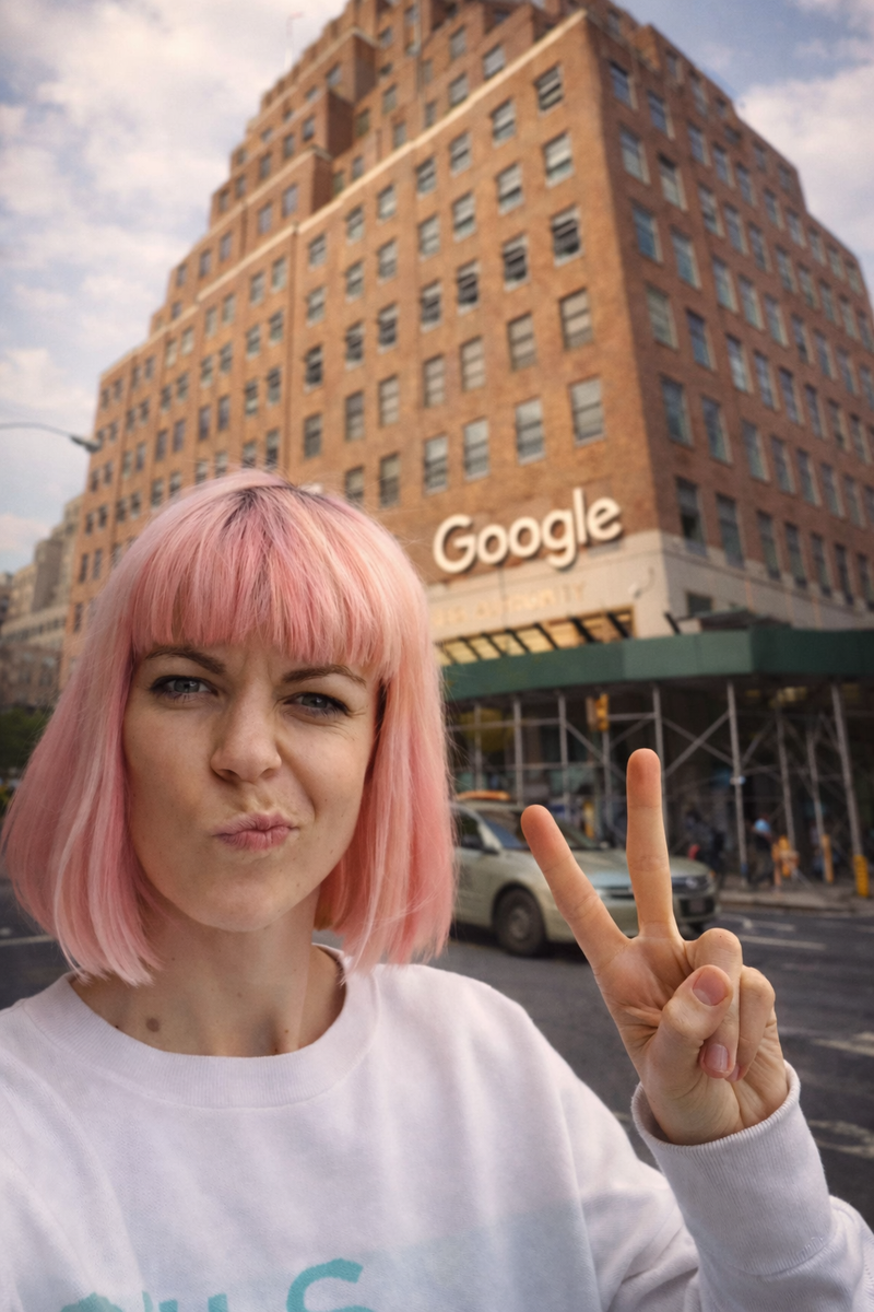 Sara, the watercolor artist behind Swil Arts, with pink hair making a peace sign in front of a Google building in New York City. She is wearing a white sweater