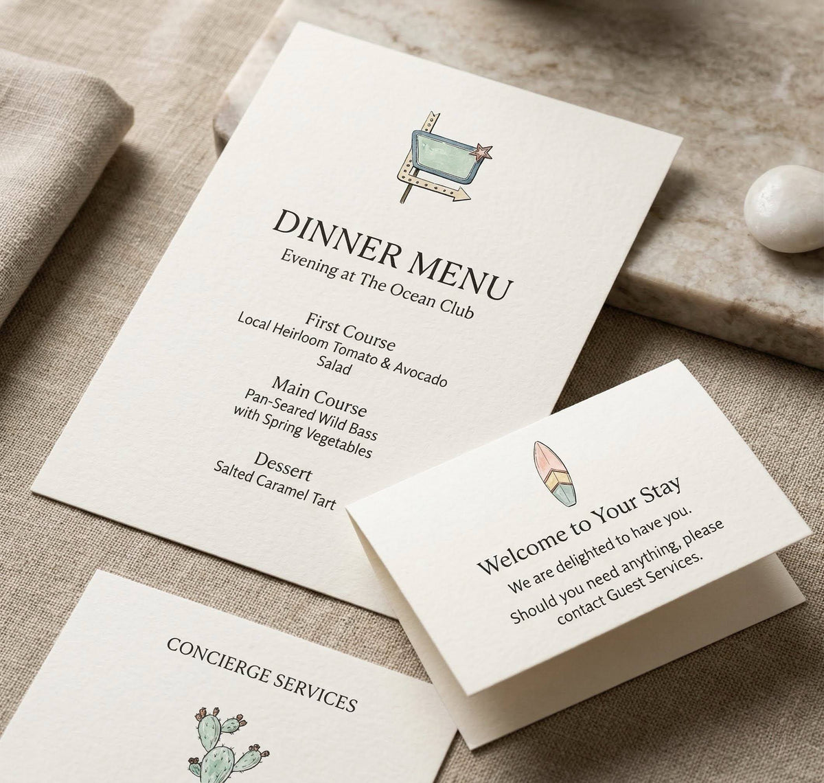 Dinner menu and welcome card  with Swil Arts watercolor illustrations on a textured surface