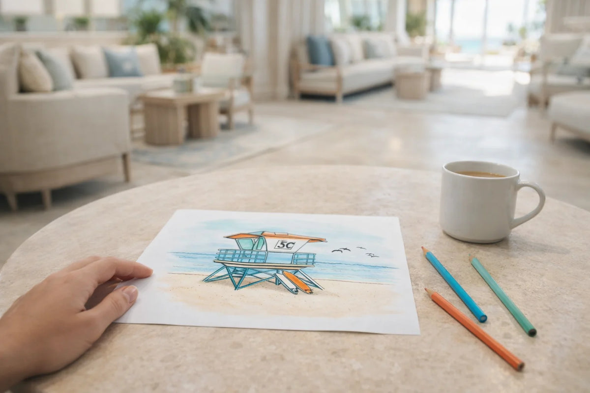 Coloring page from Swil Arts with a drawing of lifeguard tower on a table in a living room.