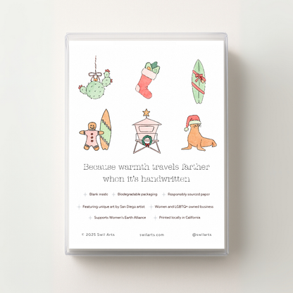 Product packaging with Southern California inspired Christmas illustrations and text that reads: Because warmth travels farther when it's handwritten" on a white background