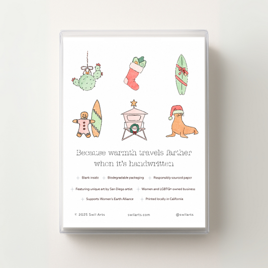 Product packaging with Southern California inspired Christmas illustrations and text that reads: Because warmth travels farther when it's handwritten" on a white background