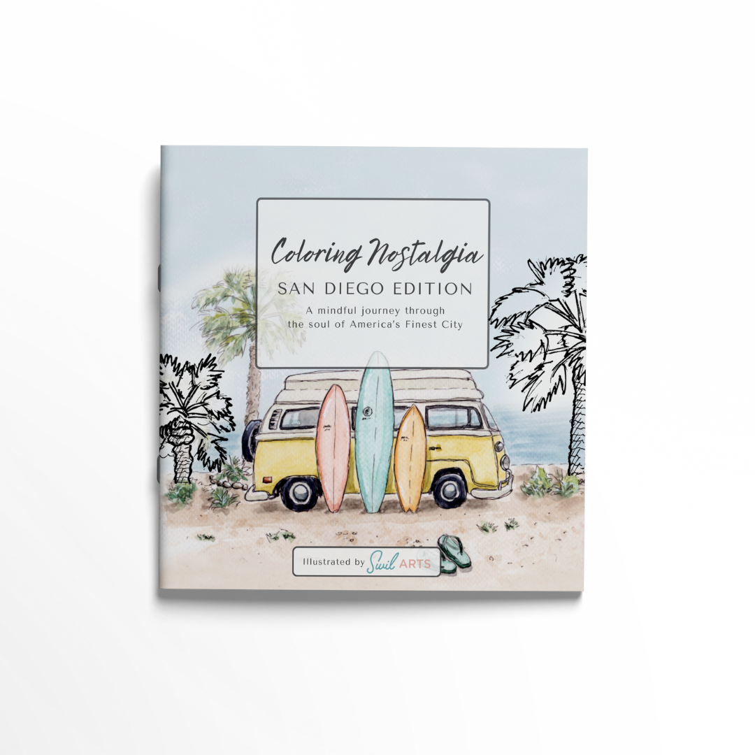 Book cover of 'Coloring Nostalgia San Diego Edition' with a van and surfboards illustration.