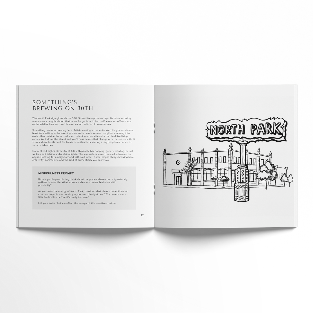 Open book showing a page with text and a black and white illustration of North Park.