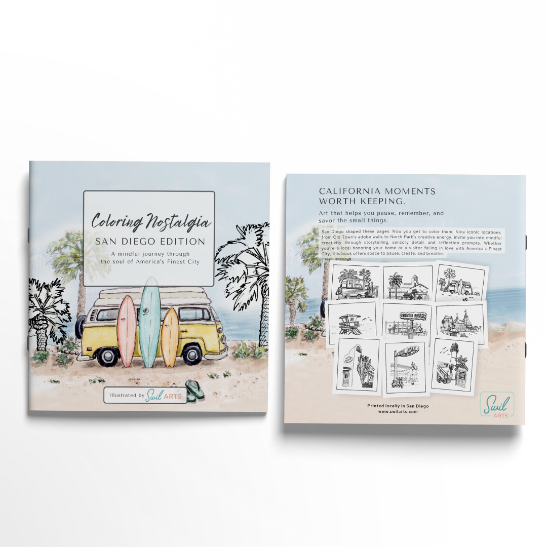 Front and back cover of 'Coloring Nostalgia San Diego Edition' on a white background.