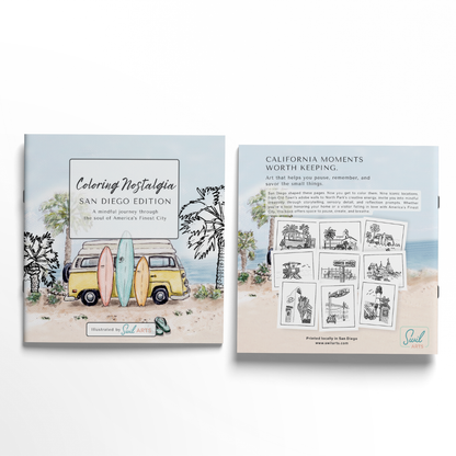 Front and back cover of 'Coloring Nostalgia San Diego Edition' on a white background.