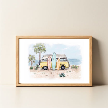 Framed artwork of a beach scene with a van and surfboards on a beige wall.