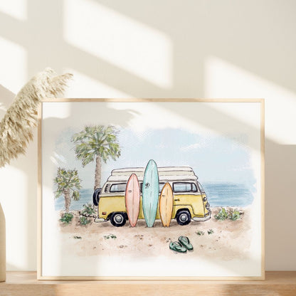 Endless Summer - Surf Van Dream by Swil Arts: Framed California coastal wall art with a yellow van, three surfboards, palm trees, sandals, and plants under a sunny sky—original watercolor painting perfect for beach lovers.