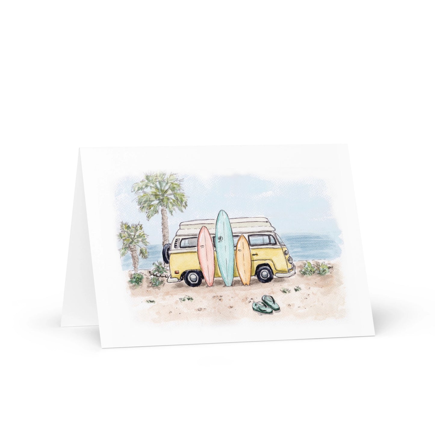 Send sunshine with the Southern California Greeting Card Box Set - Watercolor Art, featuring yellow vans, beach scenes, surfboards, palm trees, ocean waves, and flip-flops—perfect for capturing SoCal charm.