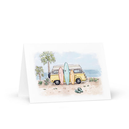 Send sunshine with the Southern California Greeting Card Box Set - Watercolor Art, featuring yellow vans, beach scenes, surfboards, palm trees, ocean waves, and flip-flops—perfect for capturing SoCal charm.