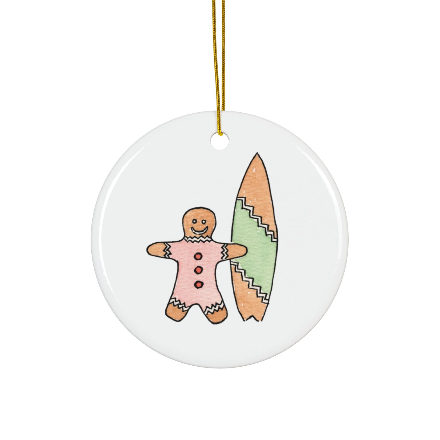 Round Christmas ceramic ornament with a surfer gingerbread man and a surfboard design on a white background.