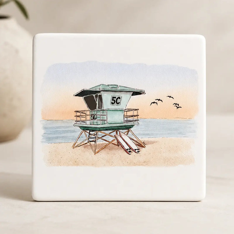 Guardian of the Shore Ceramic Coaster | Lifeguard Tower 5C San Diego