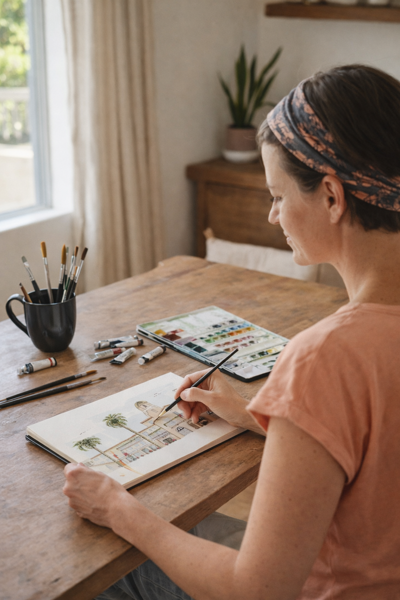 Sara, the artist behind Swil Arts, painting with watercolors in a sketchbook at a wooden table with art supplies.