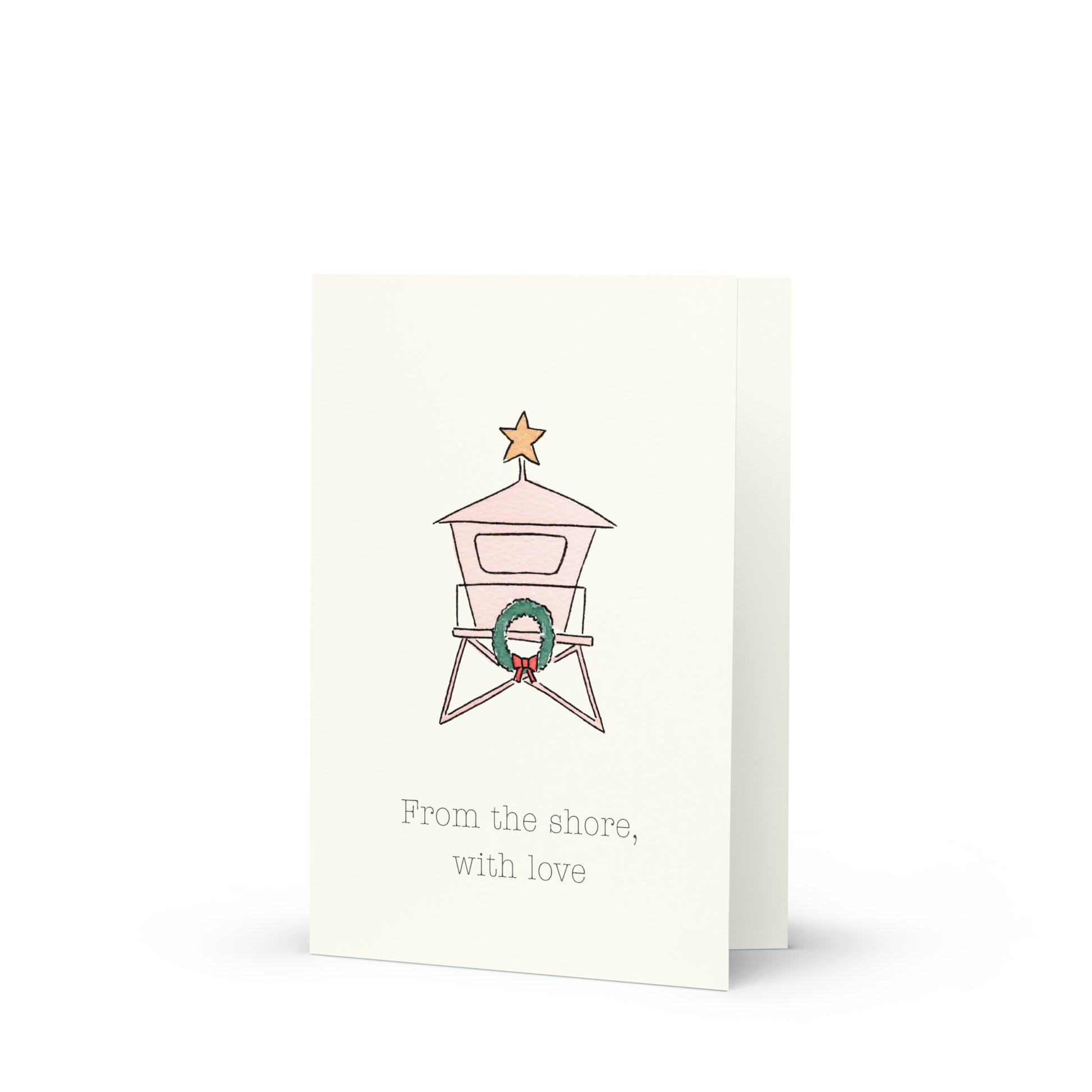 Card with a pink lifeguard tower and wreath illustration on a white background and letterhead that says: "From the shore, with love"
