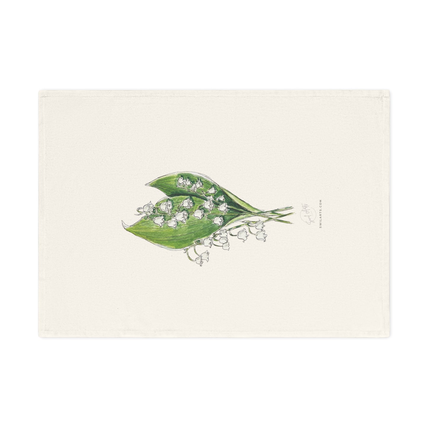 Botanical watercolor tea towel featuring a lily of the valley flower illustration by Swil Arts. This elegant, eco-friendly kitchen towel showcases a delicate ink and watercolor rendering of white lily of the valley with green leaves on a soft, neutral fabric. A perfect blend of art and functionality, this nature-inspired tea towel adds a touch of botanical beauty to any kitchen or dining space. Ideal for floral enthusiasts.