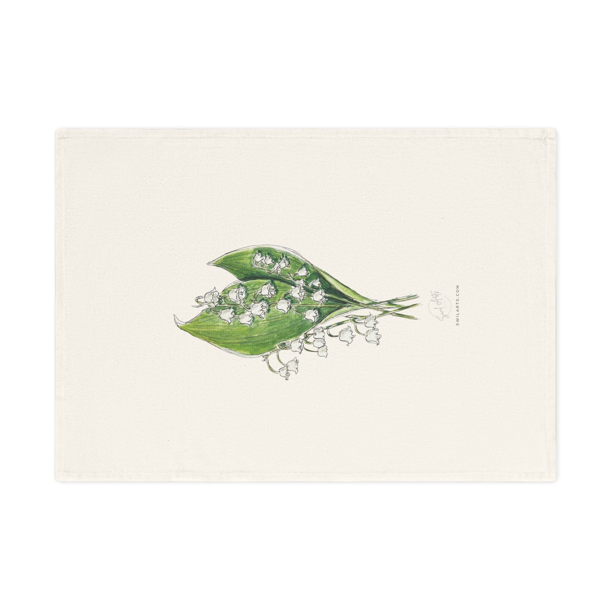 Botanical watercolor tea towel featuring a lily of the valley flower illustration by Swil Arts. This elegant, eco-friendly kitchen towel showcases a delicate ink and watercolor rendering of white lily of the valley with green leaves on a soft, neutral fabric. A perfect blend of art and functionality, this nature-inspired tea towel adds a touch of botanical beauty to any kitchen or dining space. Ideal for floral enthusiasts.