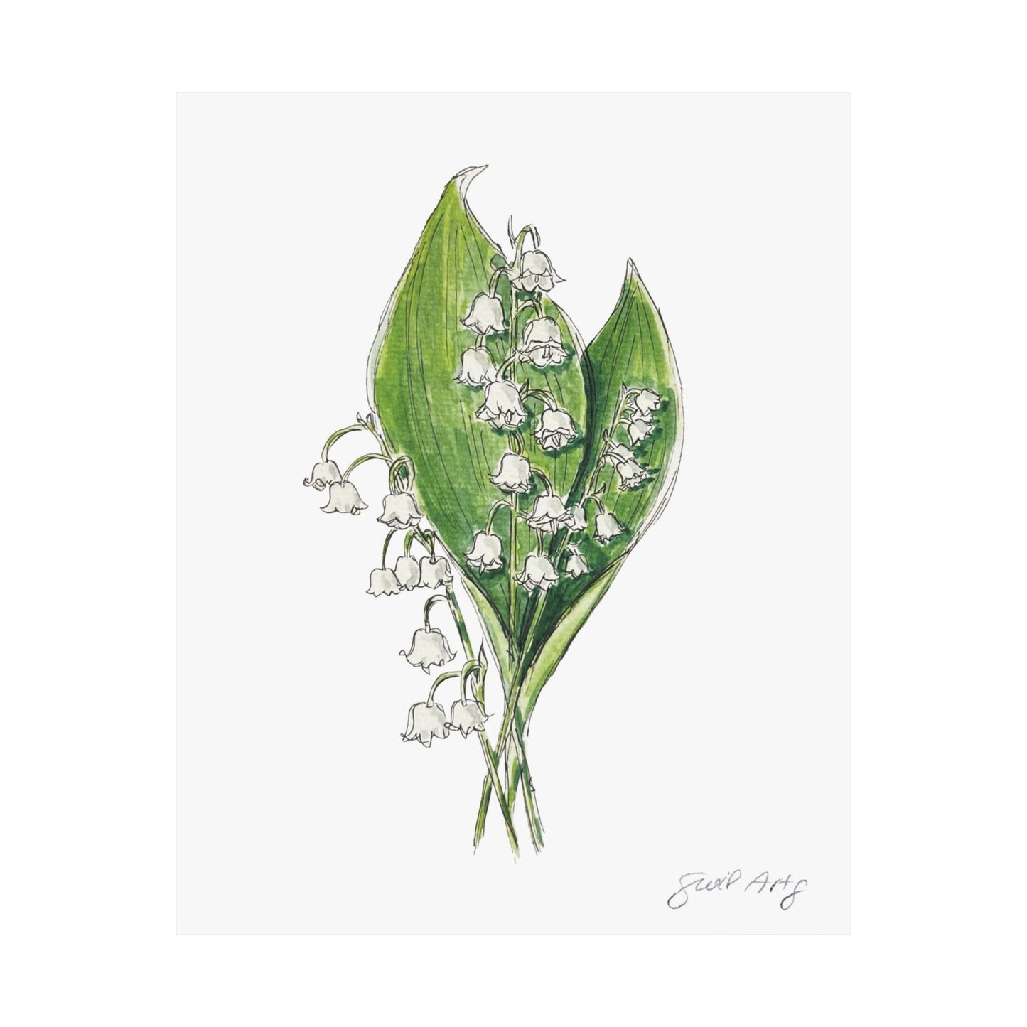 Delicate watercolor art of lily of the valley flowers, showcasing clusters of pure white bell-shaped blooms on slender green stems. This piece captures the flower’s symbolism of renewal, purity, and timeless beauty, created by Swil Arts, a Polish-born, San Diego-based LGBTQ+ artist, ideal for nature-inspired decor and meaningful gifts.