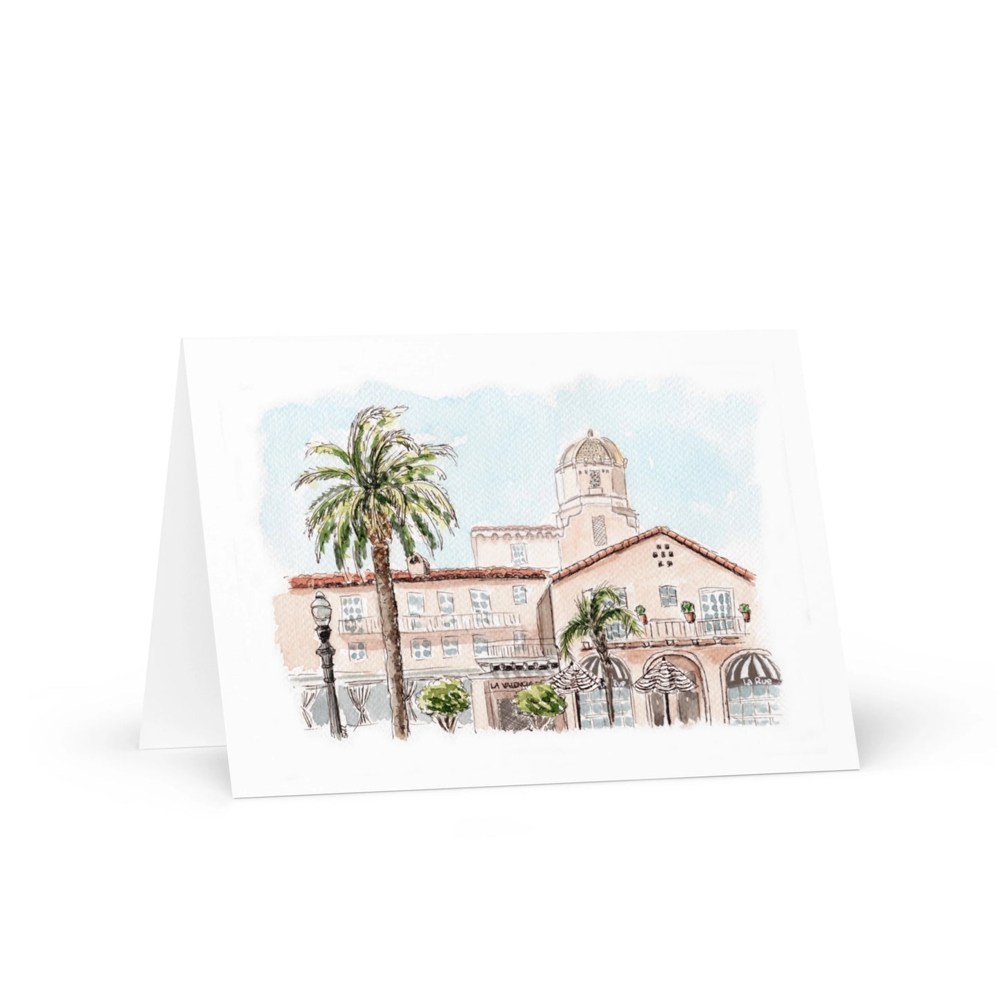 Pink Lady of La Jolla Greeting Card featuring the building and palm trees