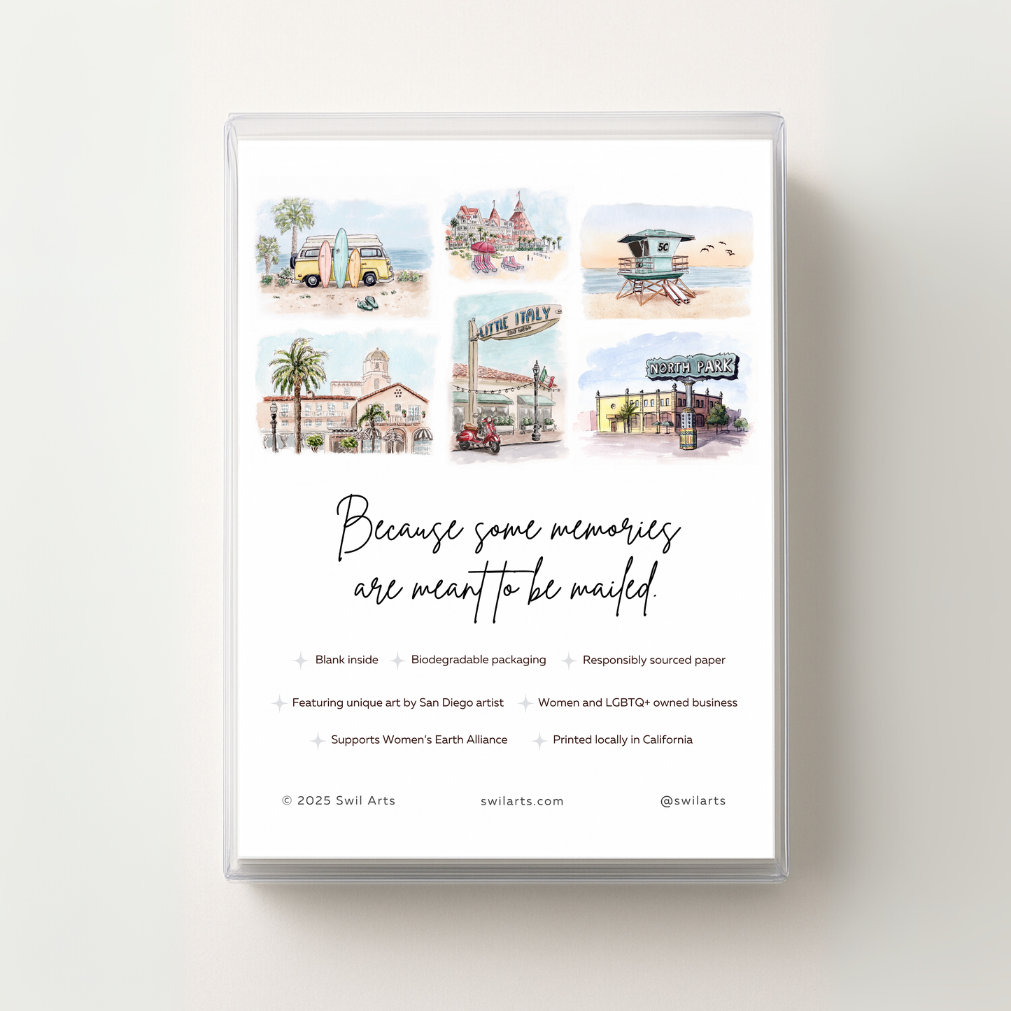 The Southern California Greeting Card Box Set - Watercolor Art features San Diego scenes on the box’s back, eco-friendly and inclusive icons, and the phrase: Because some memories are meant to be mailed. Perfect for SoCal card fans.