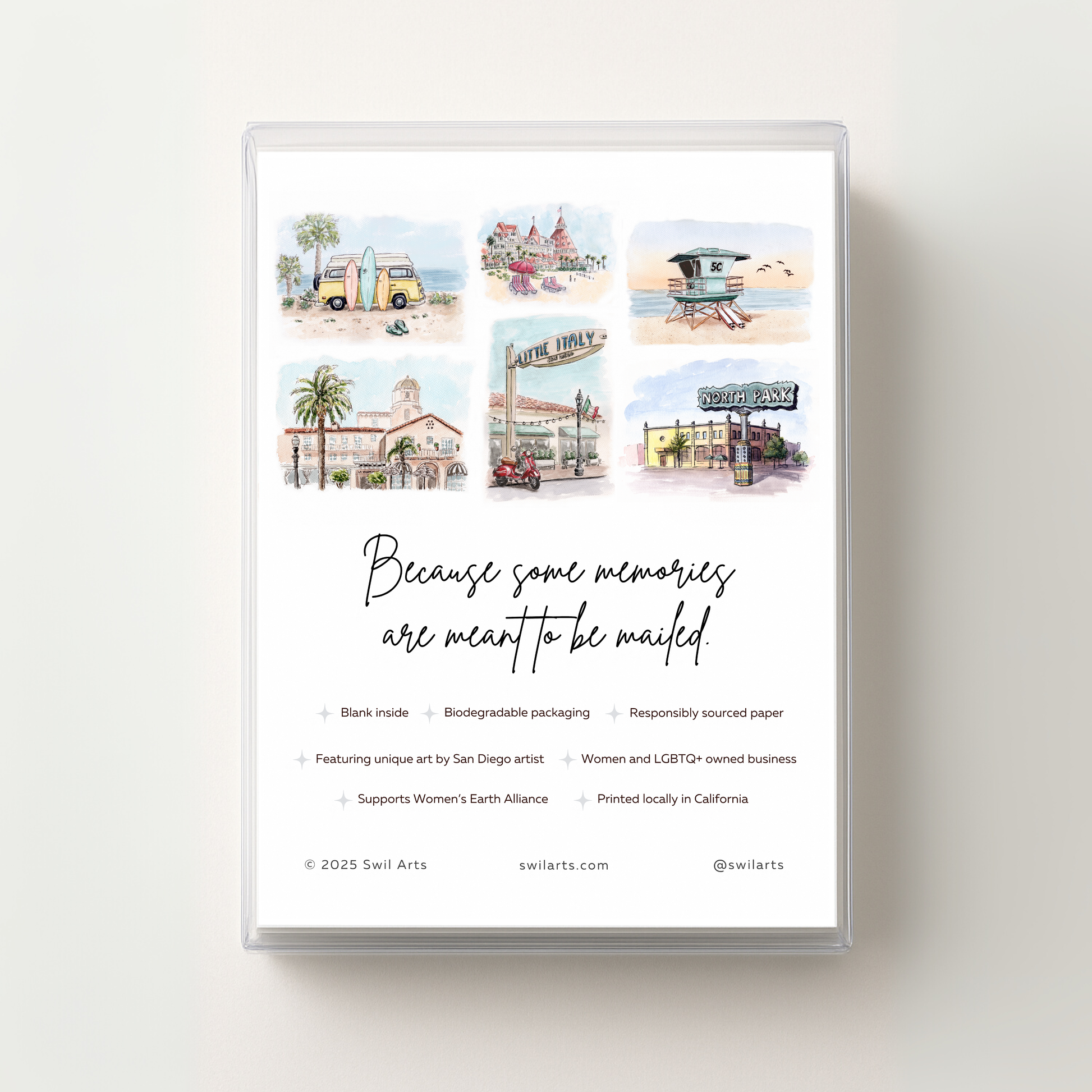 The Southern California Greeting Card Box Set - Watercolor Art features San Diego scenes on the box’s back, eco-friendly and inclusive icons, and the phrase: Because some memories are meant to be mailed. Perfect for SoCal card fans.