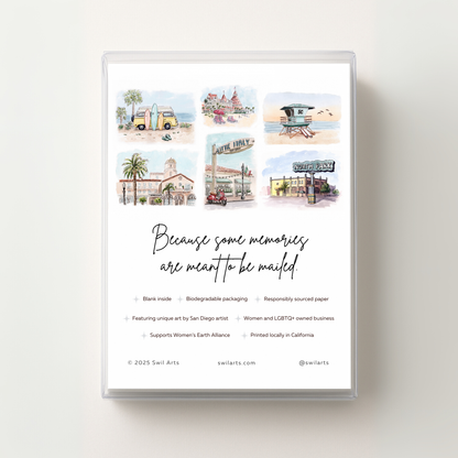 The Southern California Greeting Card Box Set - Watercolor Art features San Diego scenes on the box’s back, eco-friendly and inclusive icons, and the phrase: Because some memories are meant to be mailed. Perfect for SoCal card fans.