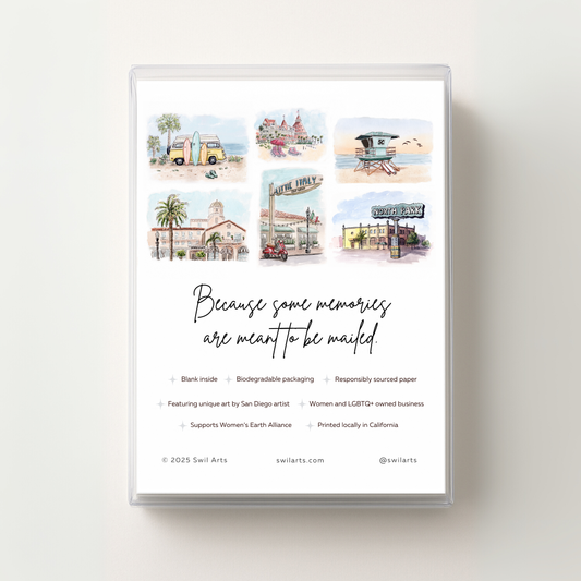 The Southern California Greeting Card Box Set - Watercolor Art features San Diego scenes on the box’s back, eco-friendly and inclusive icons, and the phrase: Because some memories are meant to be mailed. Perfect for SoCal card fans.