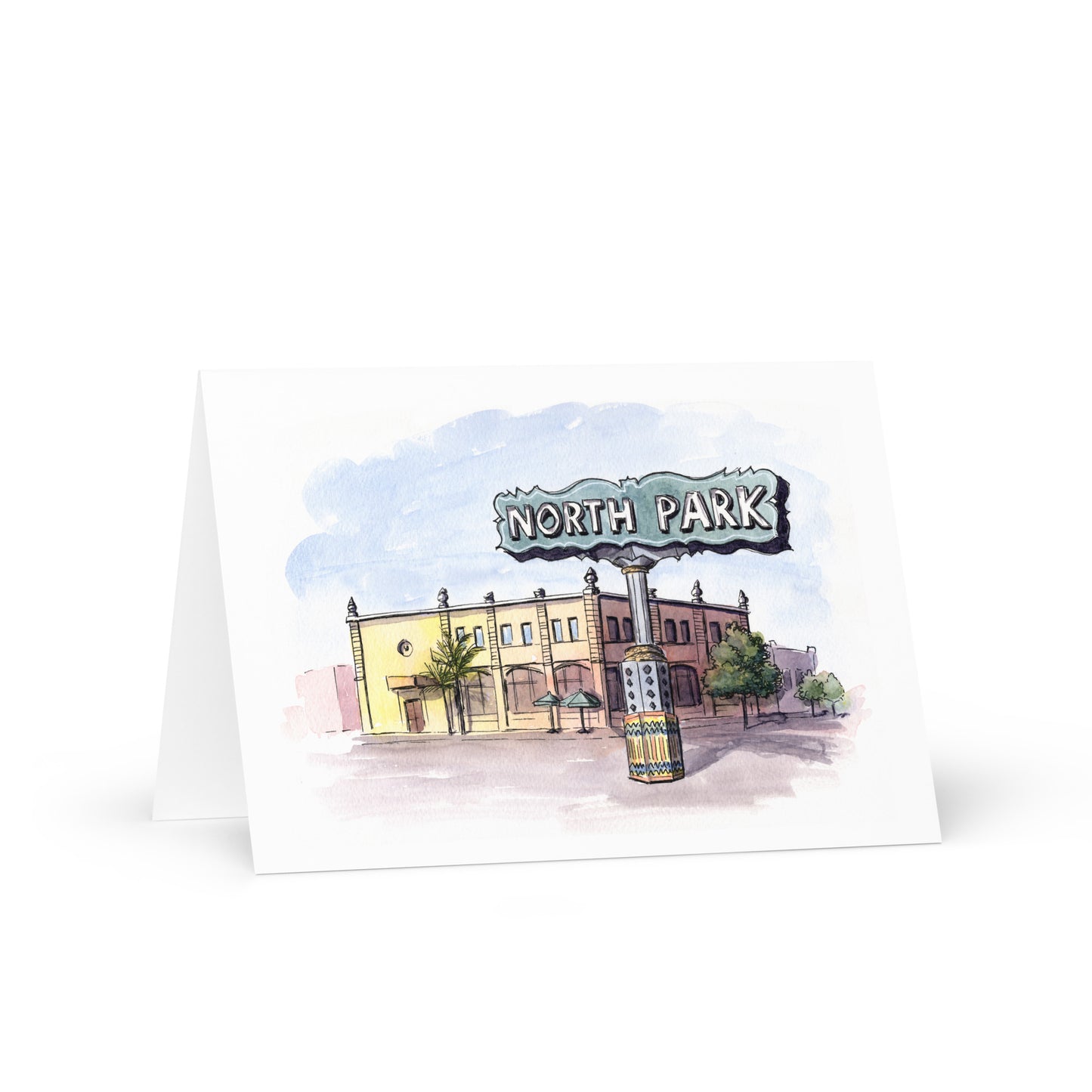 Something Brewing on 30th greeting card featuring a watercolor illustration of North Park, San Diego, with buildings and a sign.
