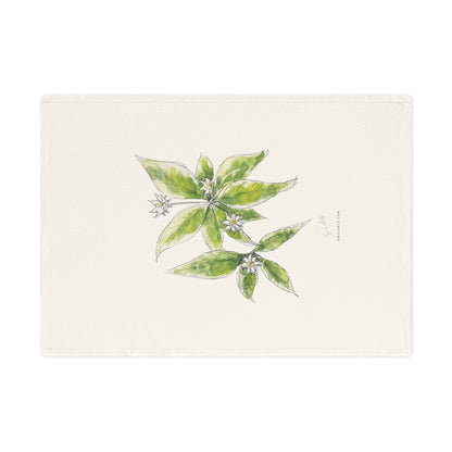 Botanical watercolor tea towel featuring a starflower illustration by Swil Arts. This elegant, eco-friendly kitchen towel showcases a delicate ink and watercolor rendering of white starflower with green leaves on a soft, neutral fabric. A perfect blend of art and functionality, this nature-inspired tea towel adds a touch of botanical beauty to any kitchen or dining space. Ideal for floral enthusiasts,