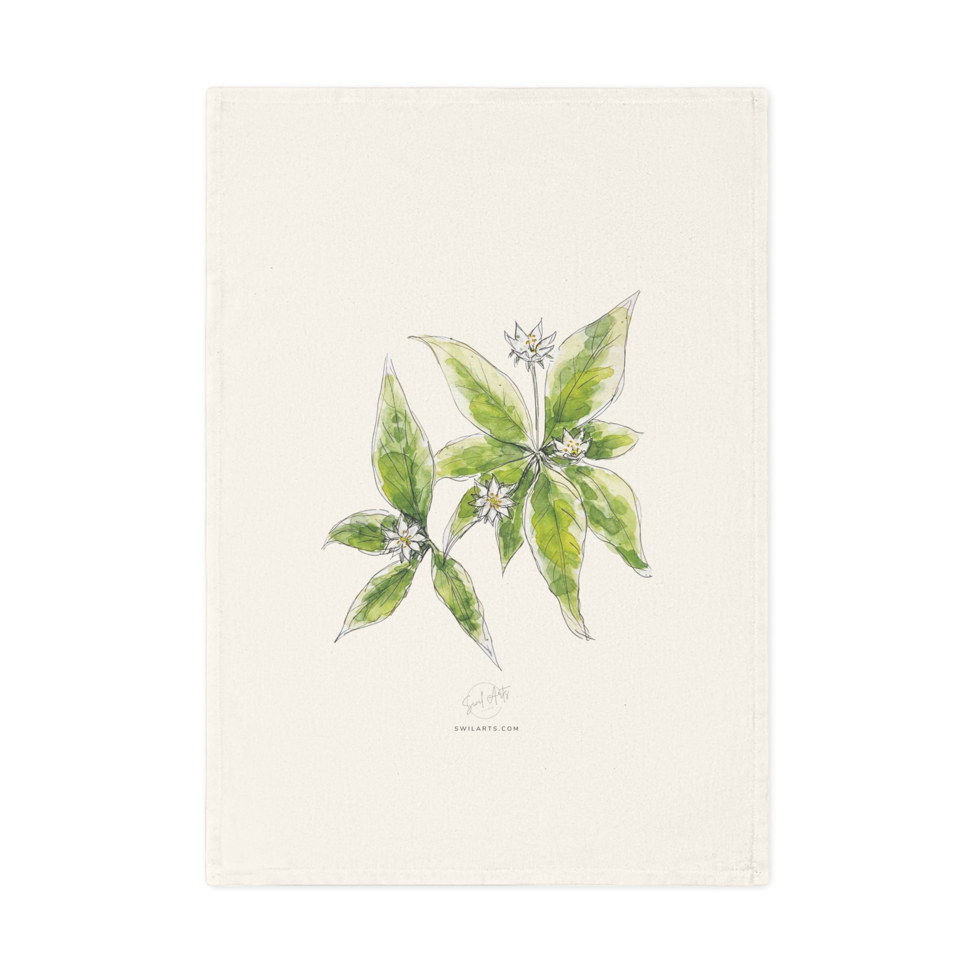 Botanical watercolor tea towel featuring a starflower illustration by Swil Arts. This elegant, eco-friendly kitchen towel showcases a delicate ink and watercolor rendering of white starflower with green leaves on a soft, neutral fabric. A perfect blend of art and functionality, this nature-inspired tea towel adds a touch of botanical beauty to any kitchen or dining space. Ideal for floral enthusiasts.