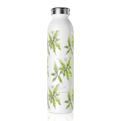 White stainless steel water bottle featuring a starflower watercolor pattern, set against a white background. It has Swil Arts logo on the bottom side.