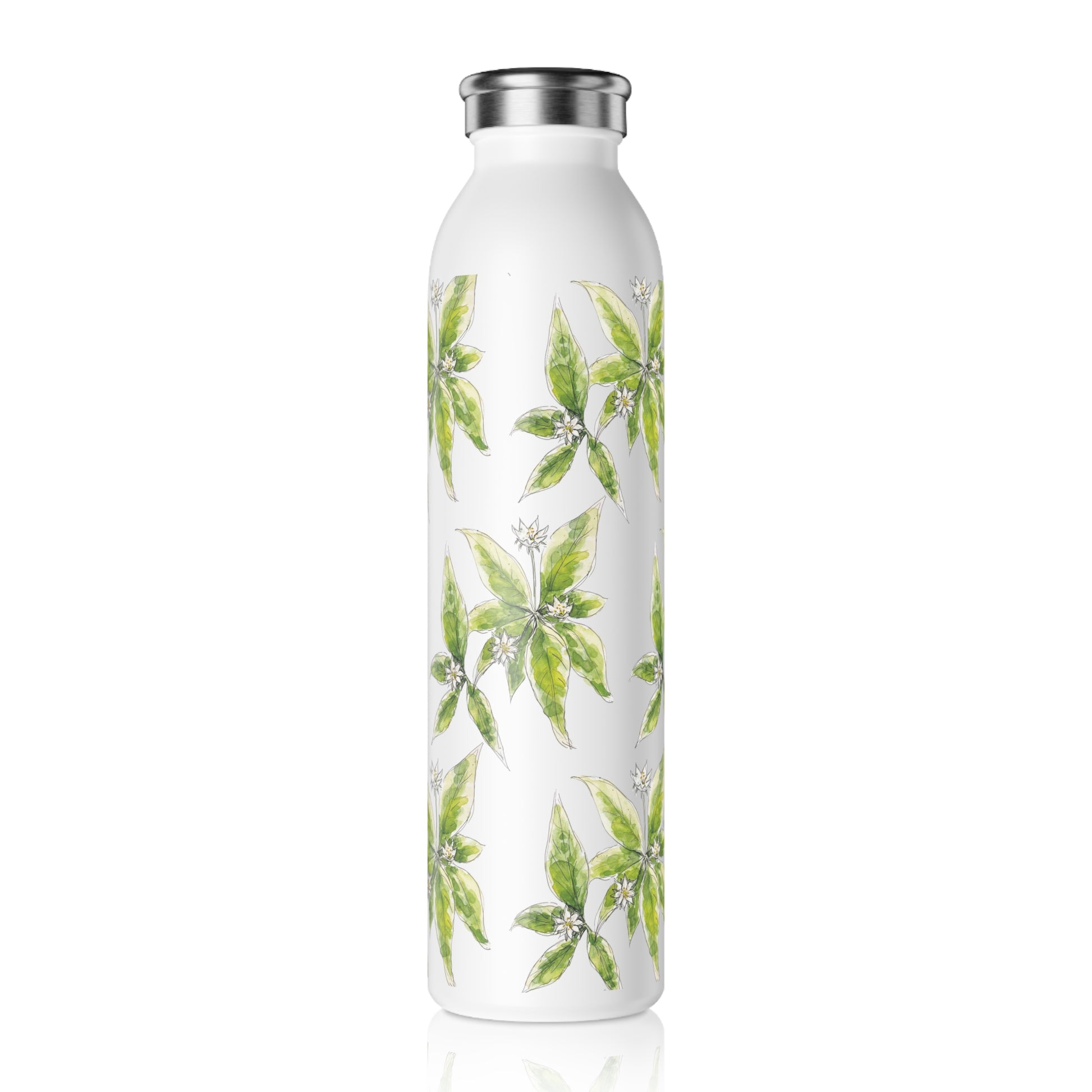 White stainless steel water bottle featuring a starflower watercolor pattern, set against a white background. 
