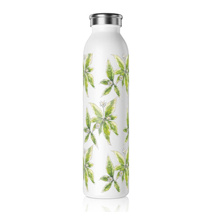White stainless steel water bottle featuring a starflower watercolor pattern, set against a white background. 