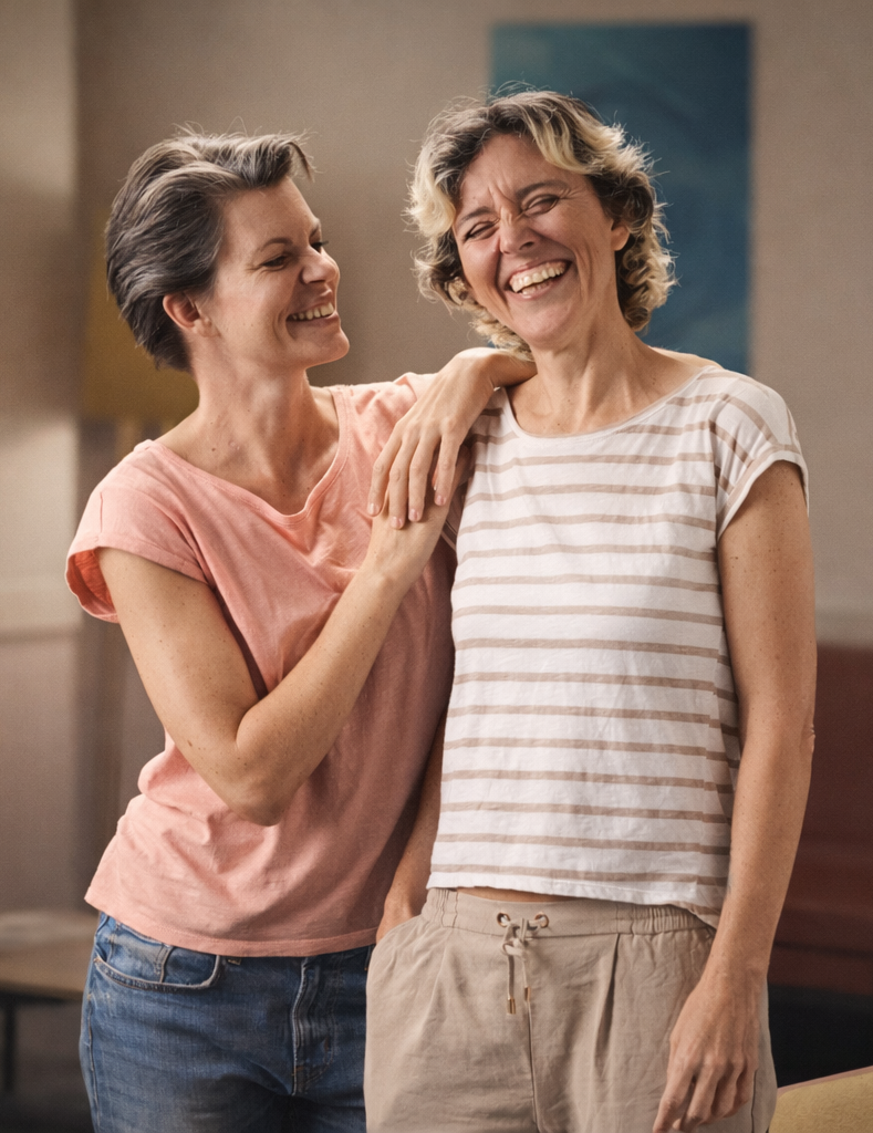 Sara and Valentina standing together in a room, smiling and embracing for a portrait. Sara is wearing a salmon color t-shirt and jeans and is looking at Valentina. Valentina is wearing a white and beige striped t-shirt with beige pants.