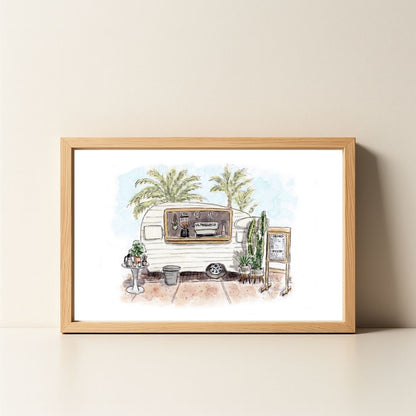 Framed watercolor art print of a coffee truck with palm trees and menu.