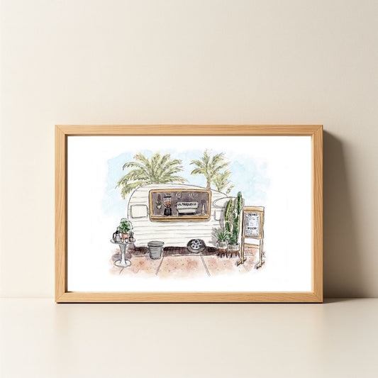 Framed watercolor art print of a coffee truck with palm trees and menu.