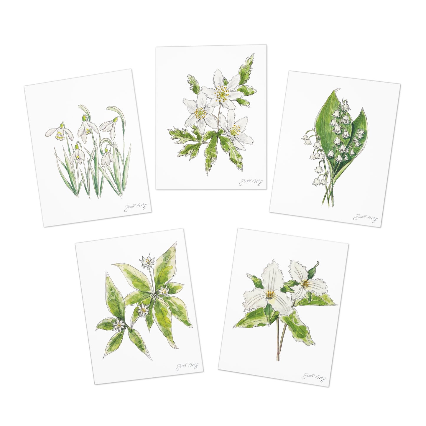 Set of botanical watercolor folded note cards by Swil Arts, featuring hand-painted floral illustrations. Each blank greeting card displays a delicate ink and watercolor rendering of flowers, including snowdrops, anemones, lily of the valley, and trillium. Perfect for nature lovers, botanical art enthusiasts, and handwritten messages, these eco-friendly cards combine artistic elegance with sustainability.