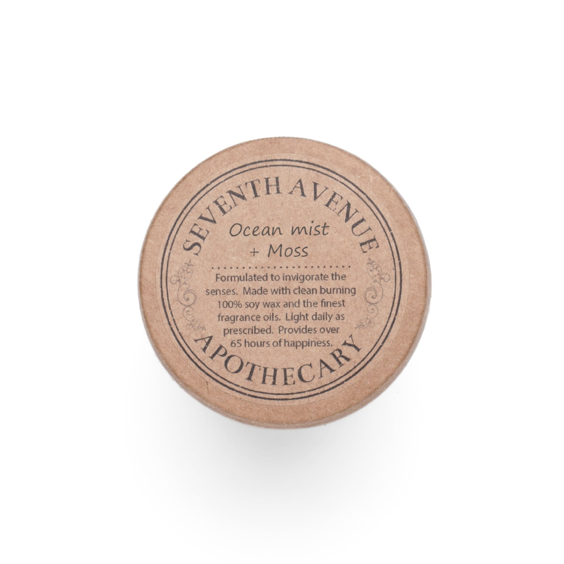 Seventh Avenue Apothecary Ocean mist + Moss candle lid, featuring rustic wooden design with engraved branding and scent description. Made with 100% soy wax and premium fragrance oils, offering over 65 hours of burn time.