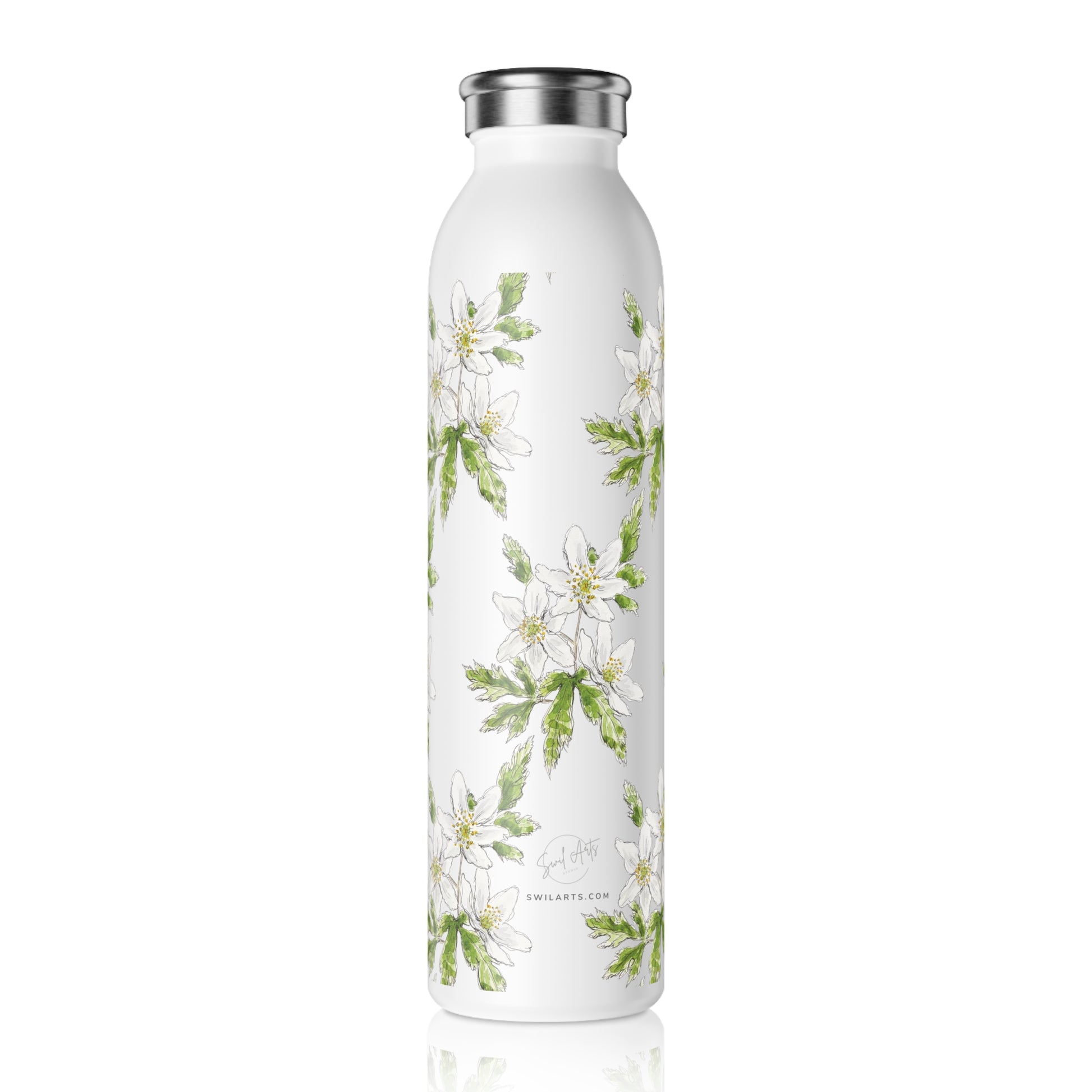 White stainless steel water bottle featuring a wood anemone flower watercolor pattern, set against a white background. It has Swil Arts logo on the bottom side.