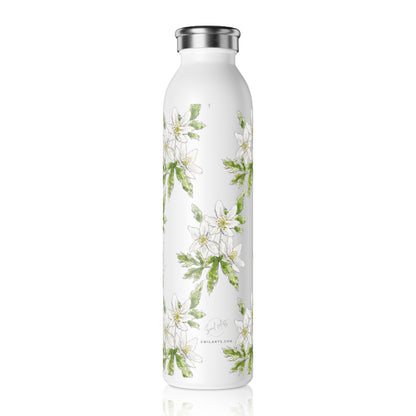 White stainless steel water bottle featuring a wood anemone flower watercolor pattern, set against a white background. It has Swil Arts logo on the bottom side.
