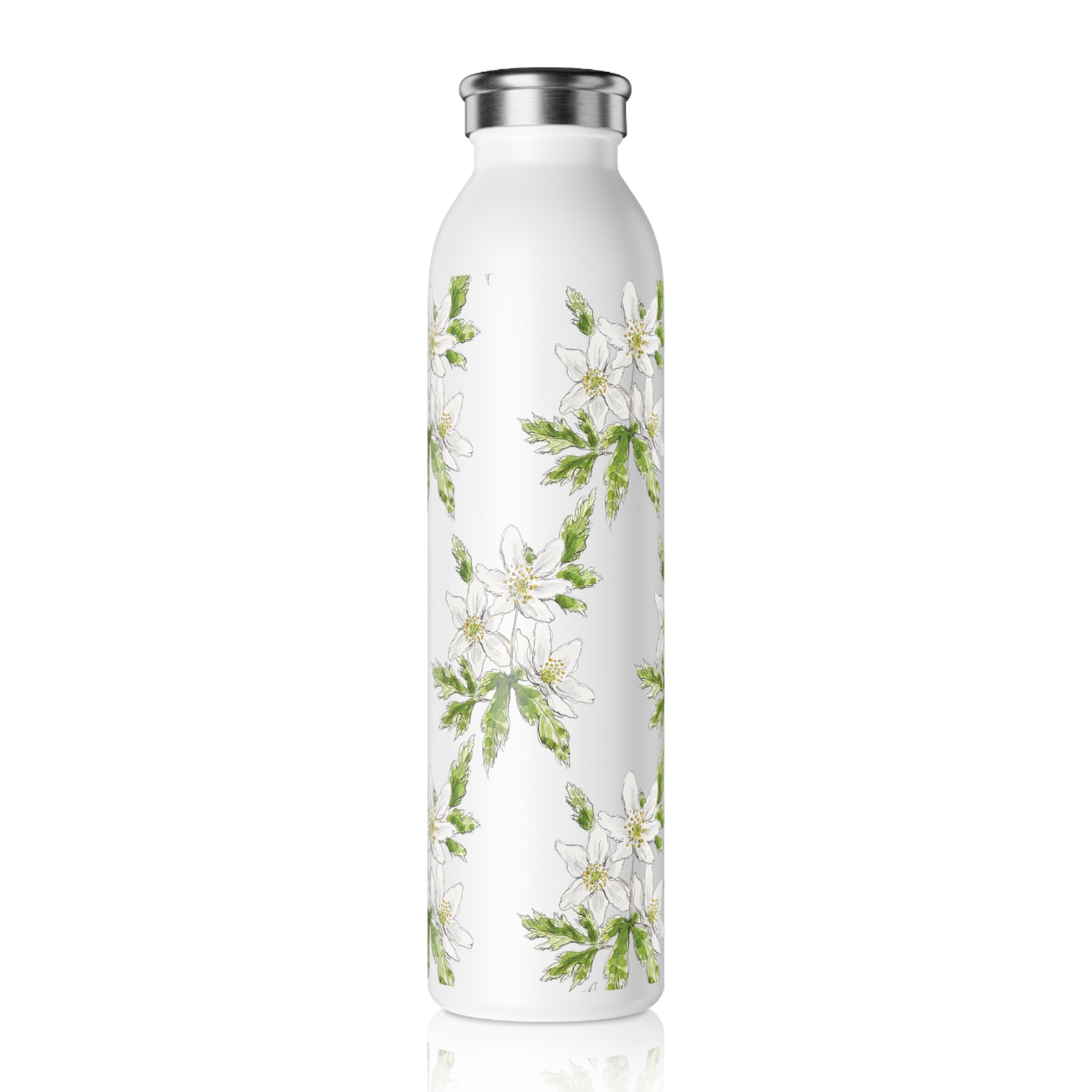 White stainless steel water bottle featuring a wood anemone flower watercolor pattern, set against a white background. It has Swil Arts logo on the bottom side.