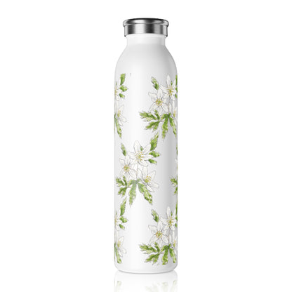 White stainless steel water bottle featuring a wood anemone flower watercolor pattern, set against a white background. It has Swil Arts logo on the bottom side.