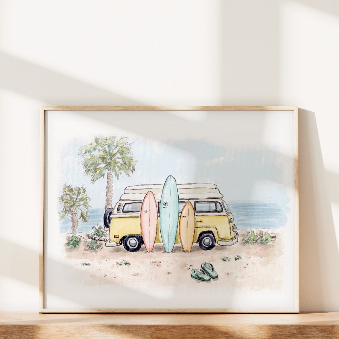 Endless Summer - Surf Van Dream by Swil Arts is a pastel watercolor featuring a beach surf van, three surfboards, palm trees, and green flip-flops—an ideal piece of California coastal art.