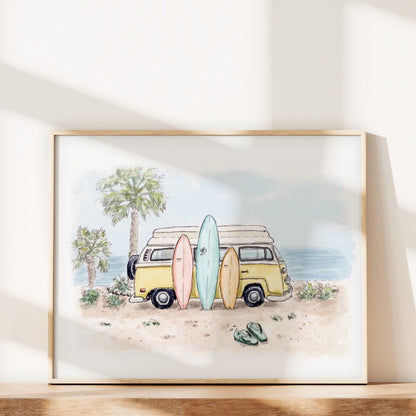 Endless Summer - Surf Van Dream by Swil Arts is a pastel watercolor featuring a beach surf van, three surfboards, palm trees, and green flip-flops—an ideal piece of California coastal art.