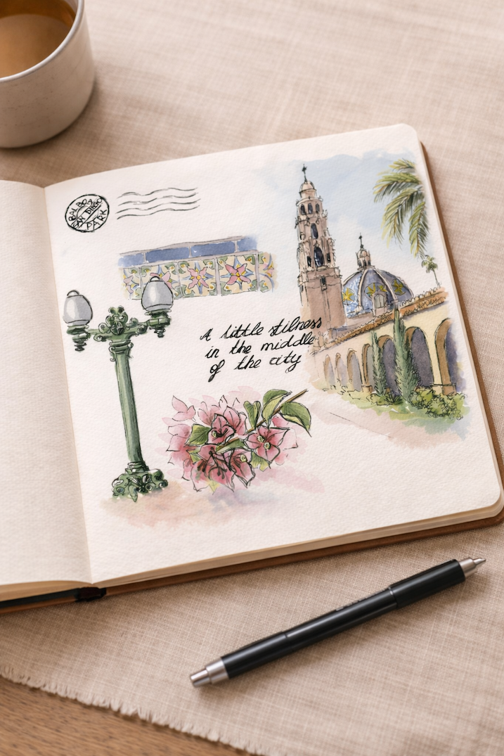 Open sketchbook with watercolor and ink illustration of the California Tower at Balboa Park, a lamp from typical from Balboa Park, tiles and flowers